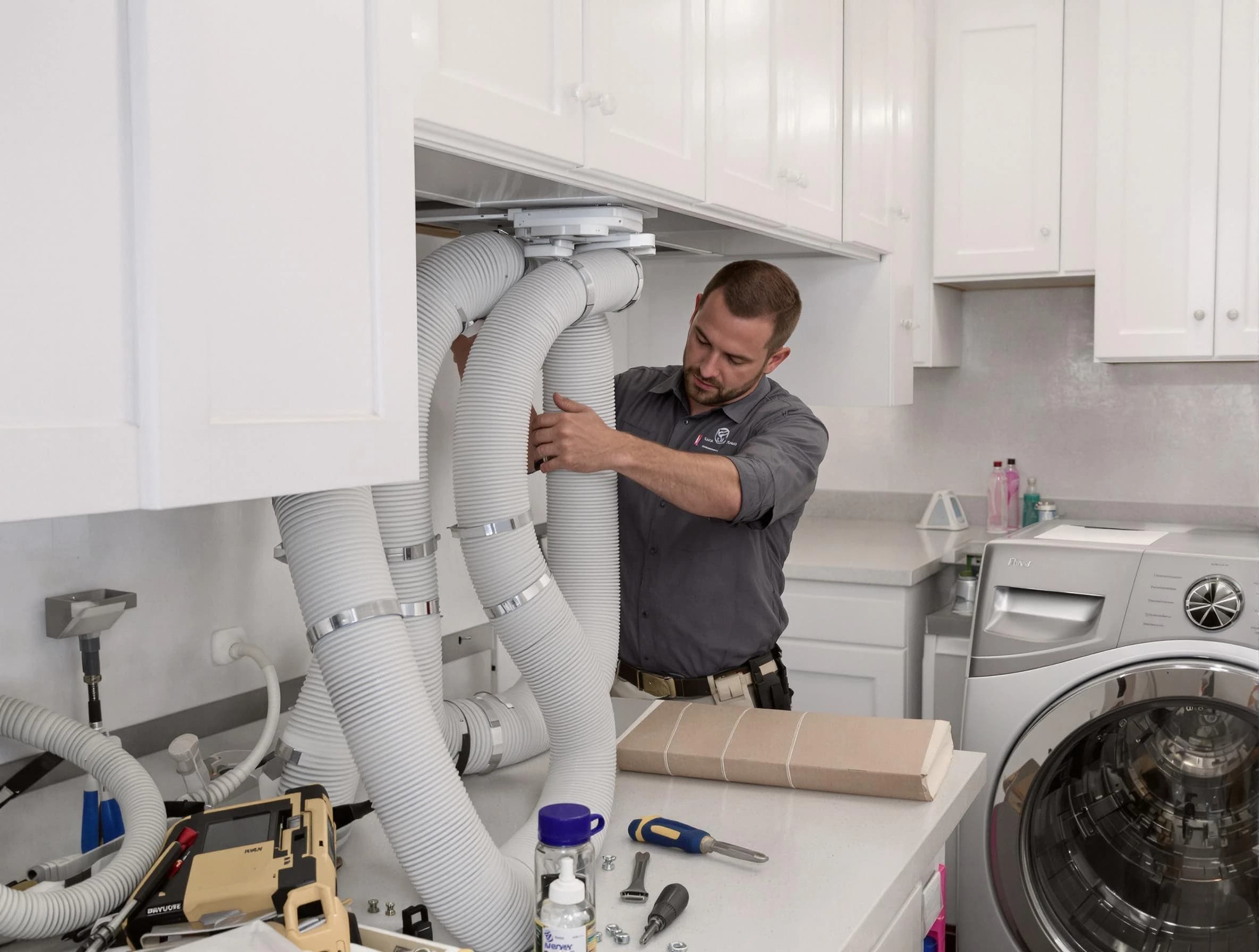 Cedar Hills Dryer Vent Cleaning technician installing a new professional-grade dryer vent hose in Cedar Hills
